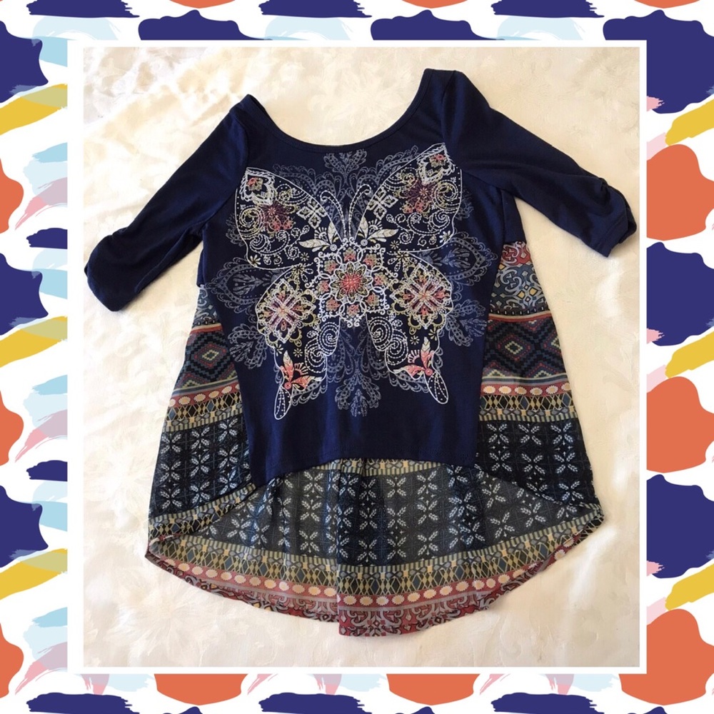 Girls Beautees Floral Shirt 1/2 Sleeve Navy Butterfly